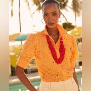 Chico’s Pineapple Eyelet Puff Sleeve Button Front Blouse Top Boho Orange Size 12